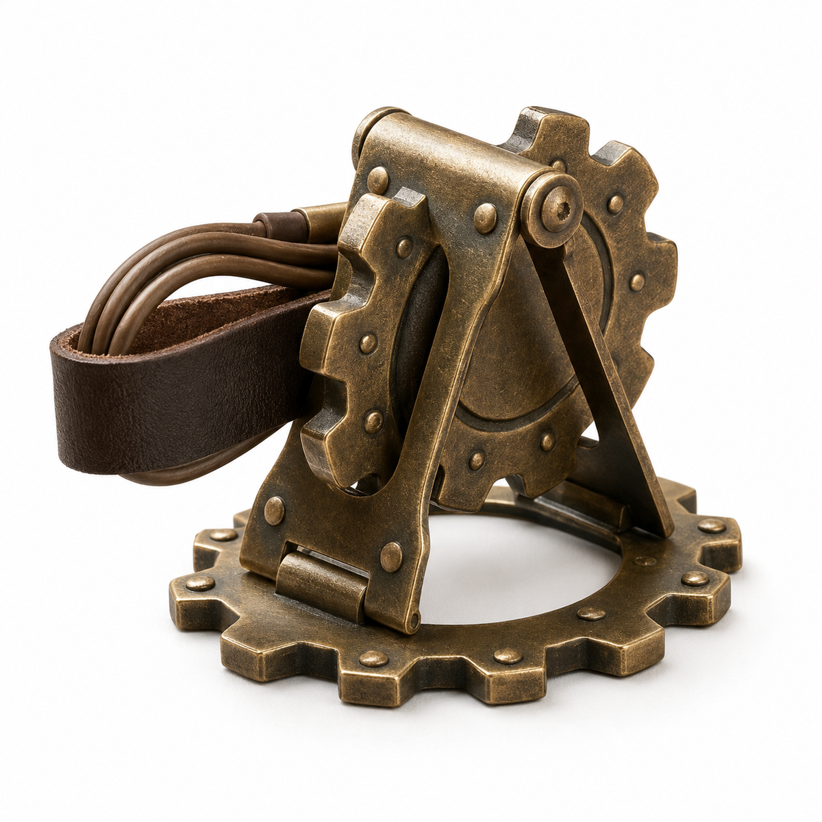 Close-up of Uebnzns antique brass tone gear phone grip stand and cable loop