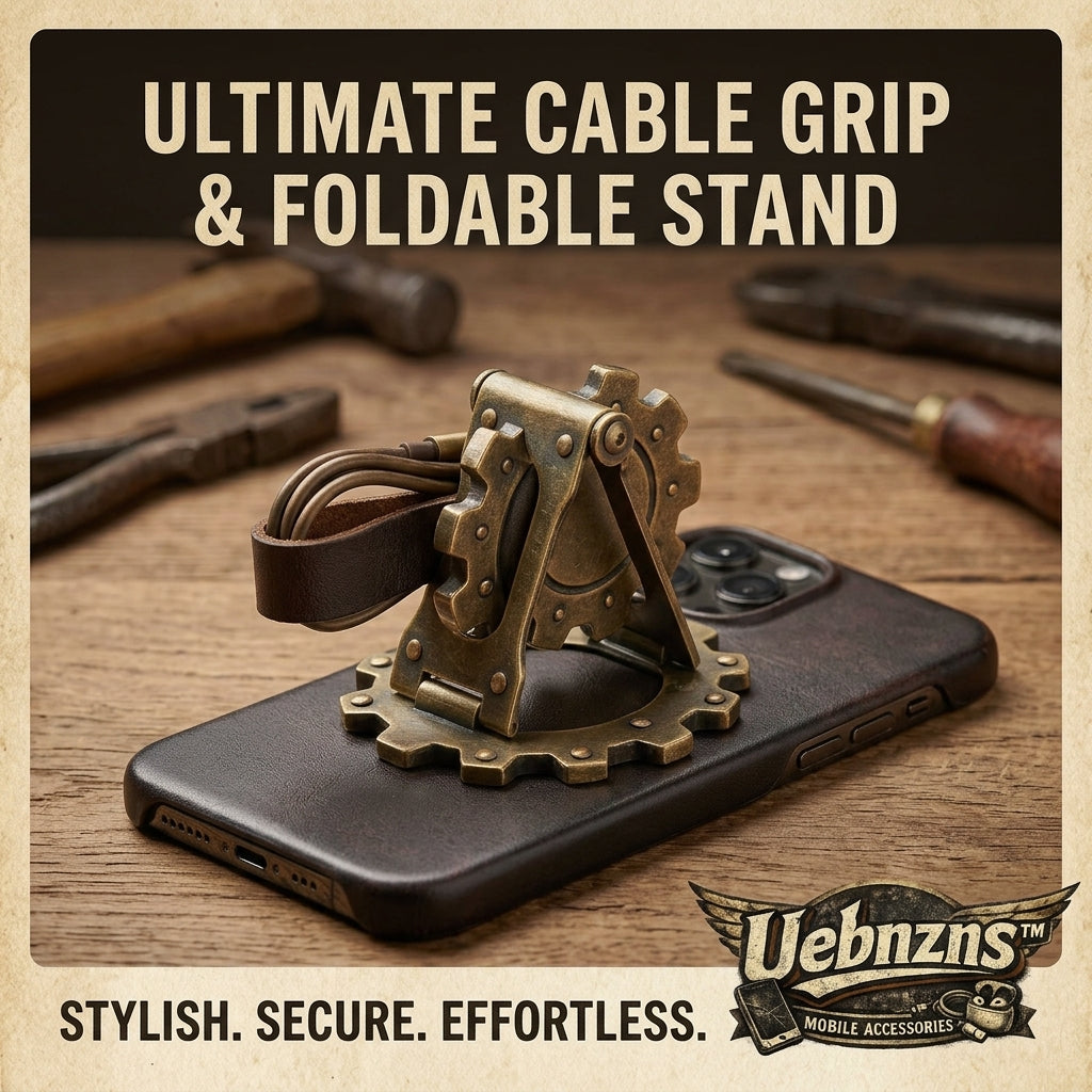Uebnzns Ultimate Cable Grip and Foldable Phone Stand on a smartphone