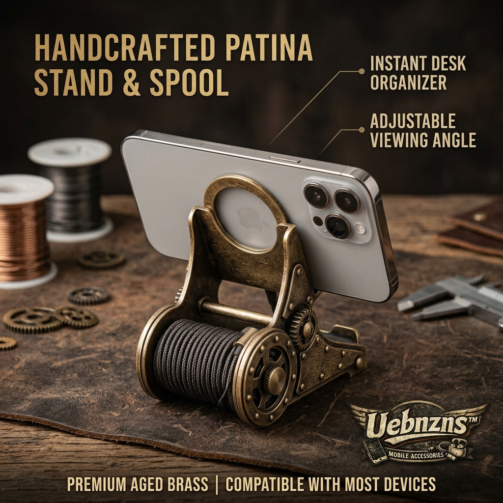 Uebnzns handcrafted patina phone stand and cable spool desk organizer holding a smartphone