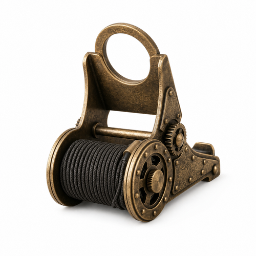 Close-up of Uebnzns aged-brass phone stand with cable spool gears rivets and patina finish