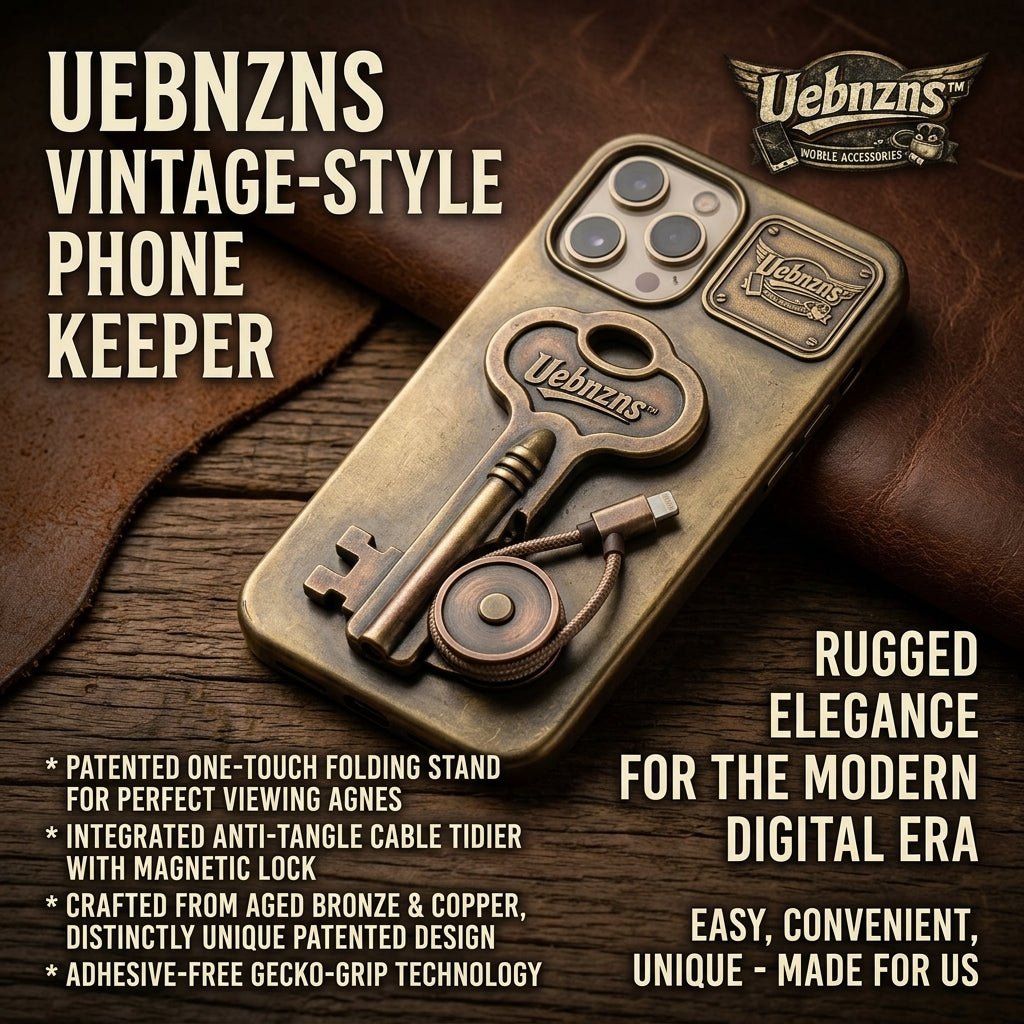 Uebnzns vintage-style phone keeper with folding stand and magnetic cable tidier