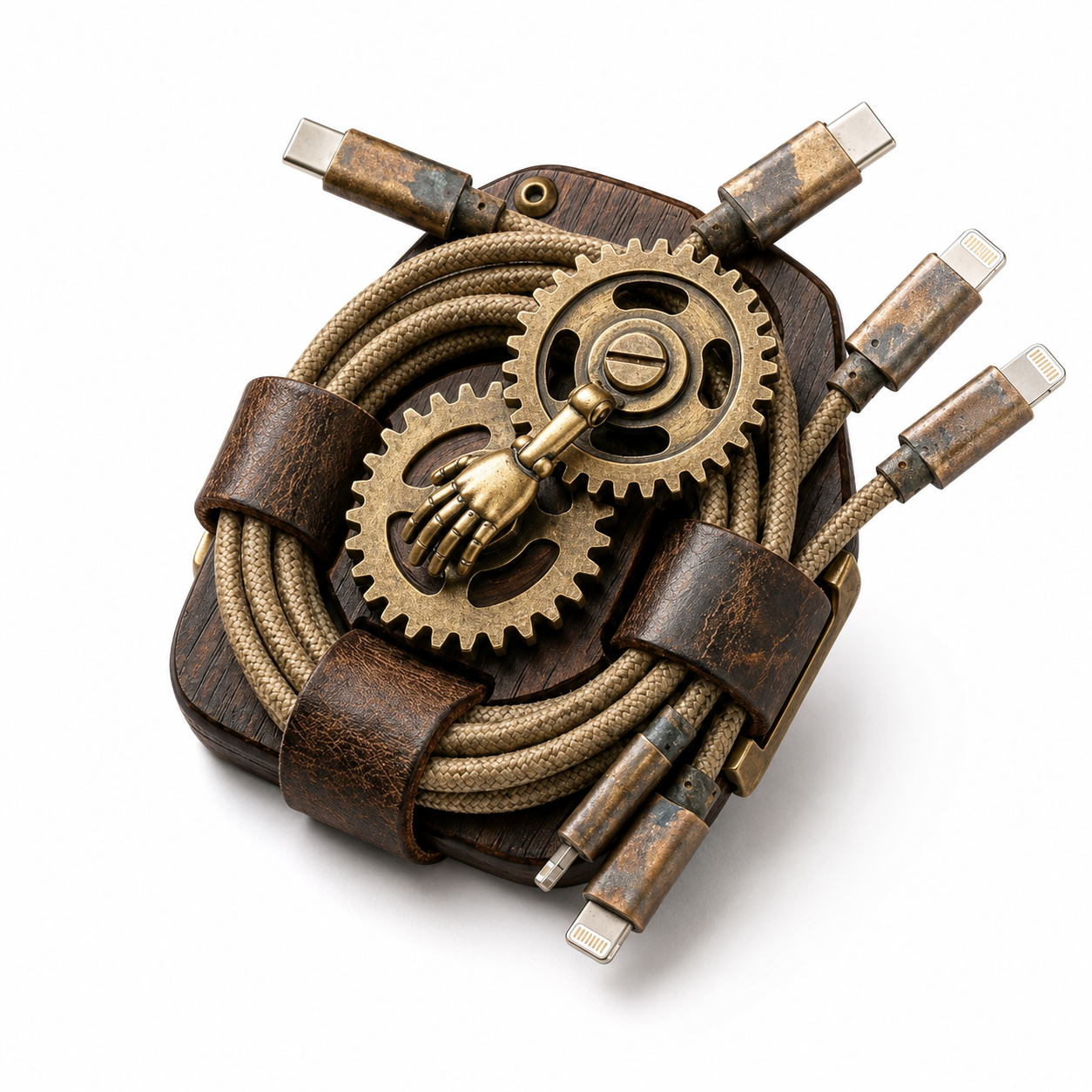 Uebnzns modular cable organizer with wood-grain base, gear details, and cable retaining loops