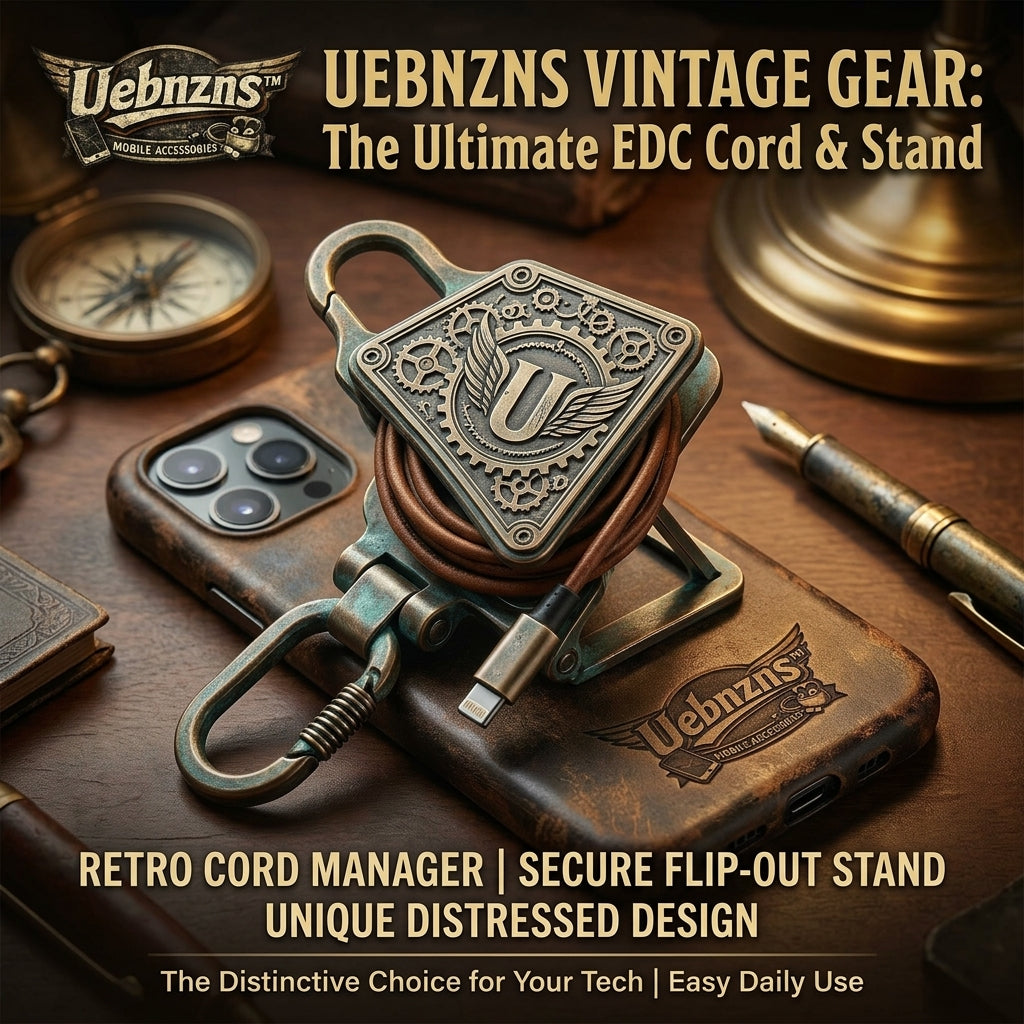 Uebnzns vintage cord organizer with wrapped charging cable and flip-out phone stand