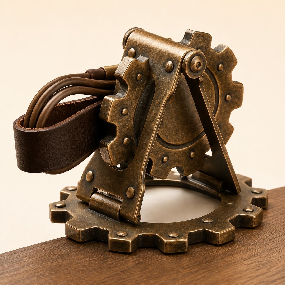 Detailed view of Uebnzns vintage gear phone stand folding hinge and cable loop