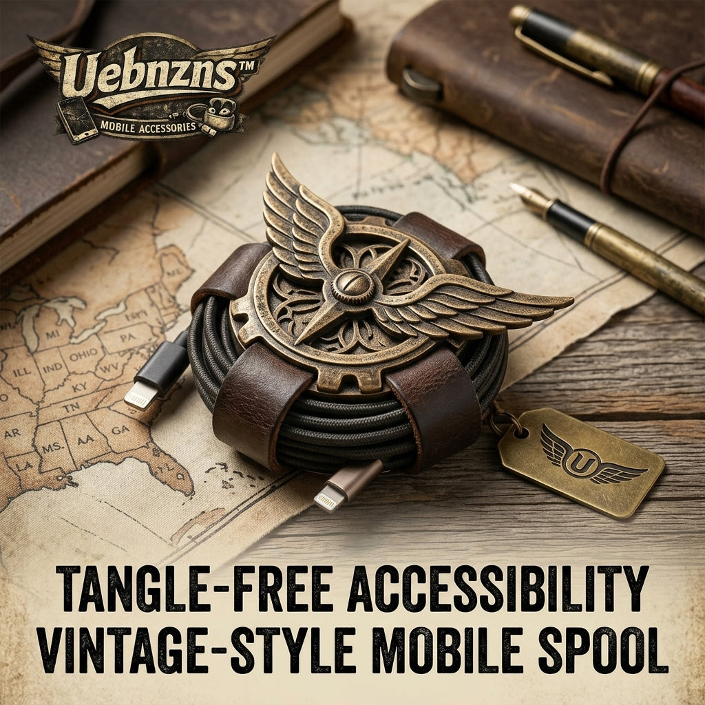 Uebnzns vintage cable spool organizer displayed in a retro travel-inspired desk scene