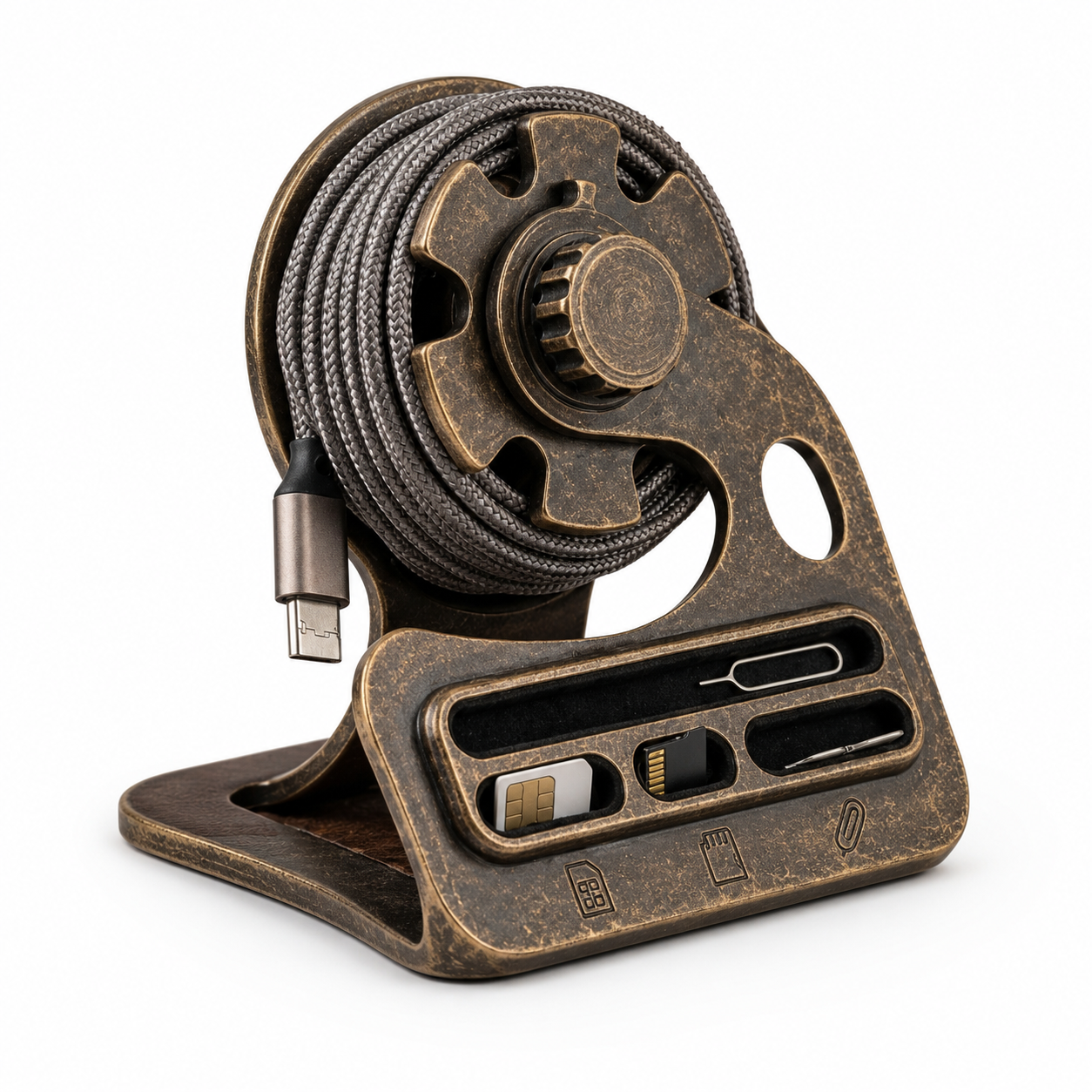 White-background product detail showing cable hub, stand and front accessory slots