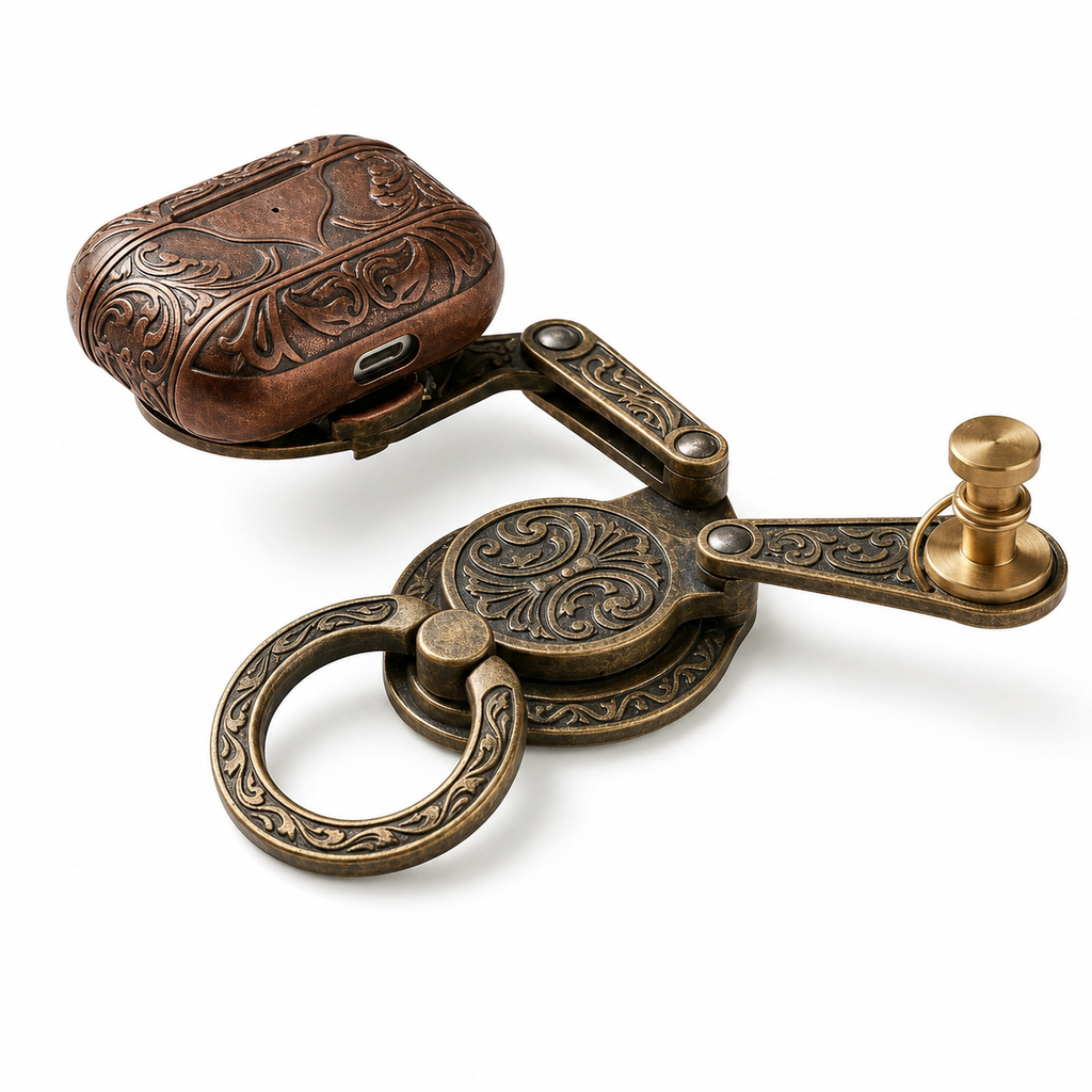 Uebnzns Heritage Multi-Grip showing engraved ring, articulated supports, grip post, and earbud cradle on white