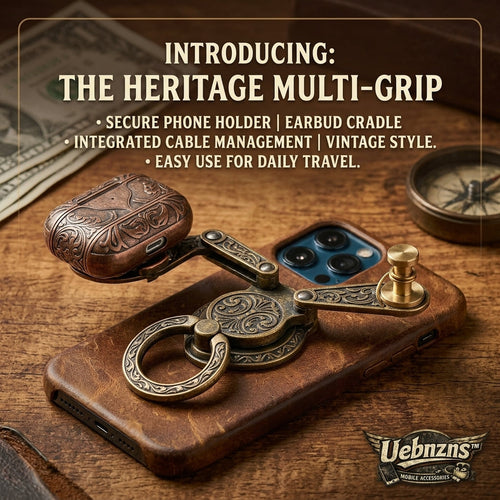 Uebnzns Heritage Multi-Grip on a leather phone case with engraved antique-brass ring and earbud cradle