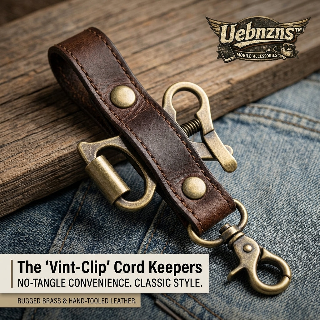 Uebnzns™ Vintage Leather Cord Keeper Clip – No-Tangle Cable Organizer with Antique Brass Hook*