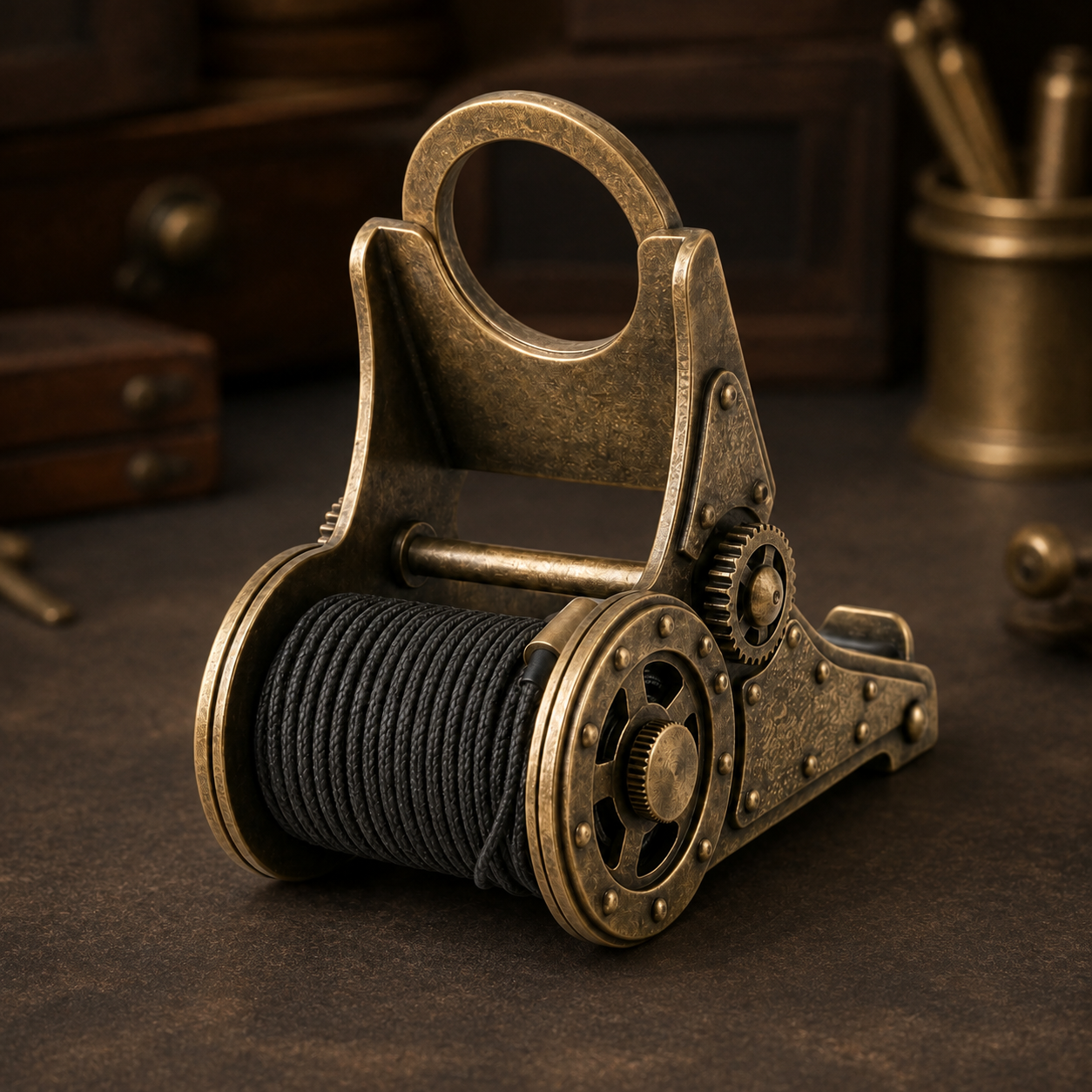 Detailed view of Uebnzns vintage phone stand spool gears rivets and aged-brass finish