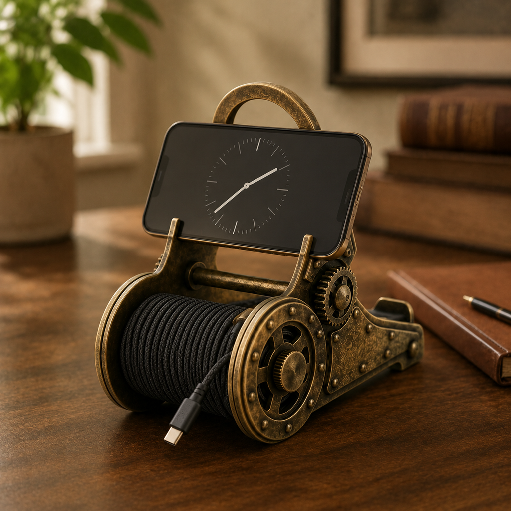 Uebnzns patina phone stand and cable spool organizer in a hands-free home office setup