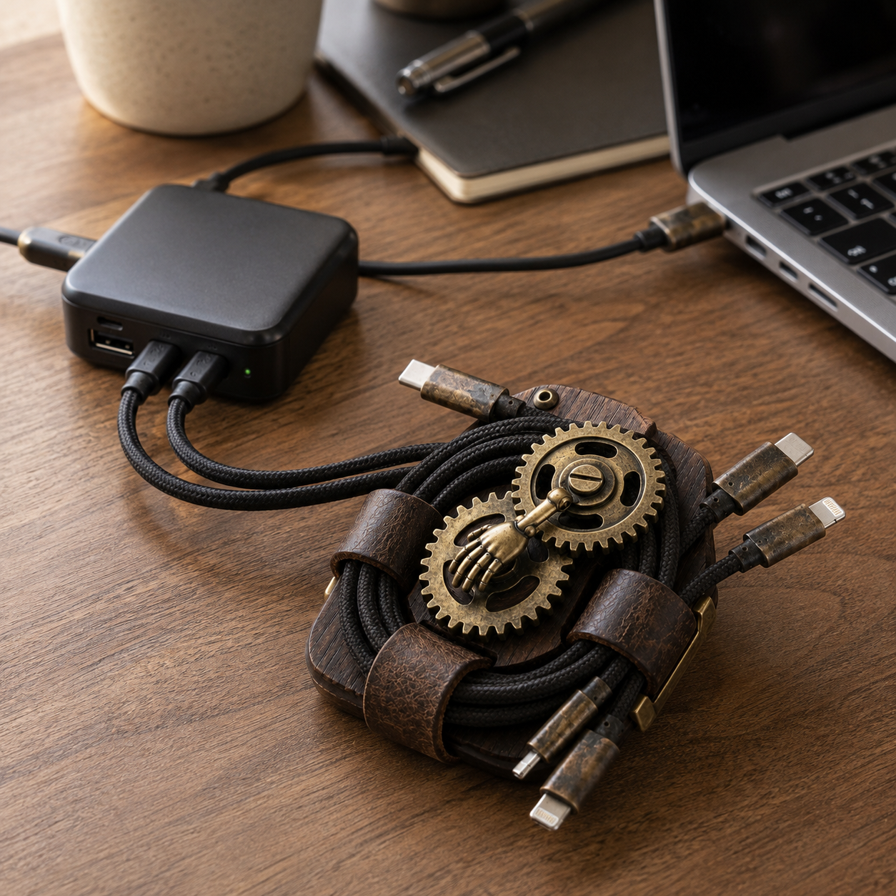 Uebnzns vintage cable organizer keeping charging cables tidy beside a laptop