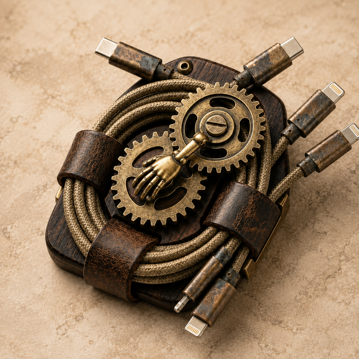 Close-up detail of the Uebnzns cable organizer with aged gears, wood-grain base, and retaining loops