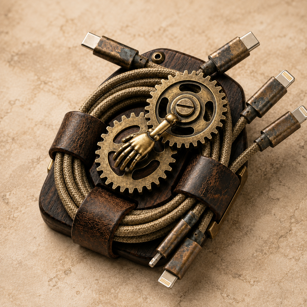 Close-up of the Uebnzns vintage cable gear organizer and textured retaining loops