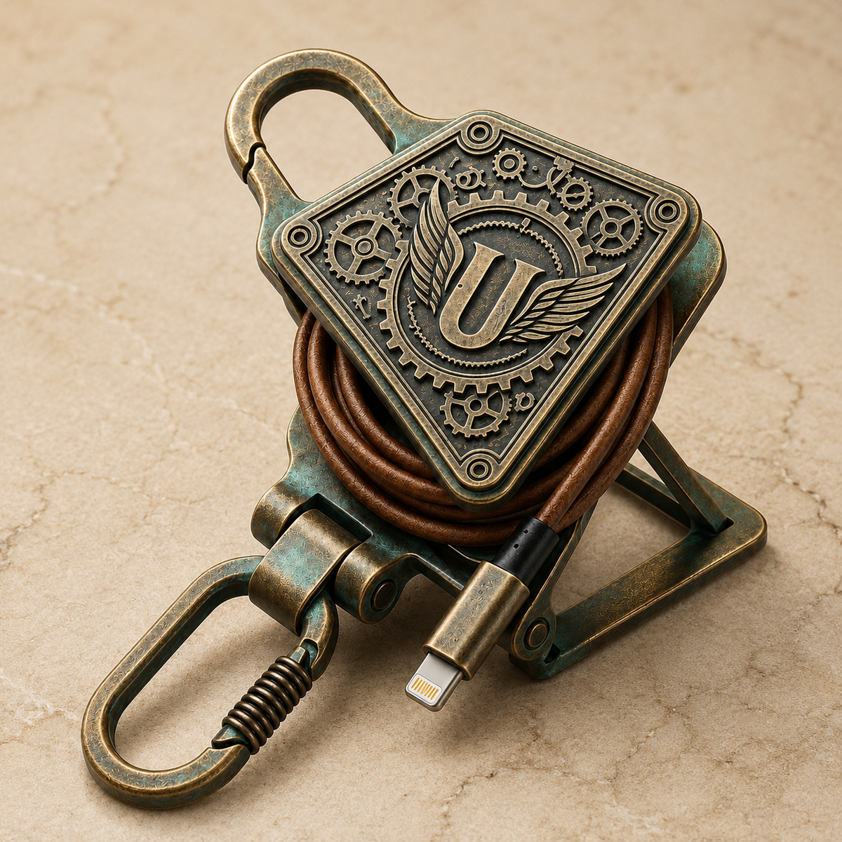 Close-up of embossed vintage faceplate, cord wrap and folding support