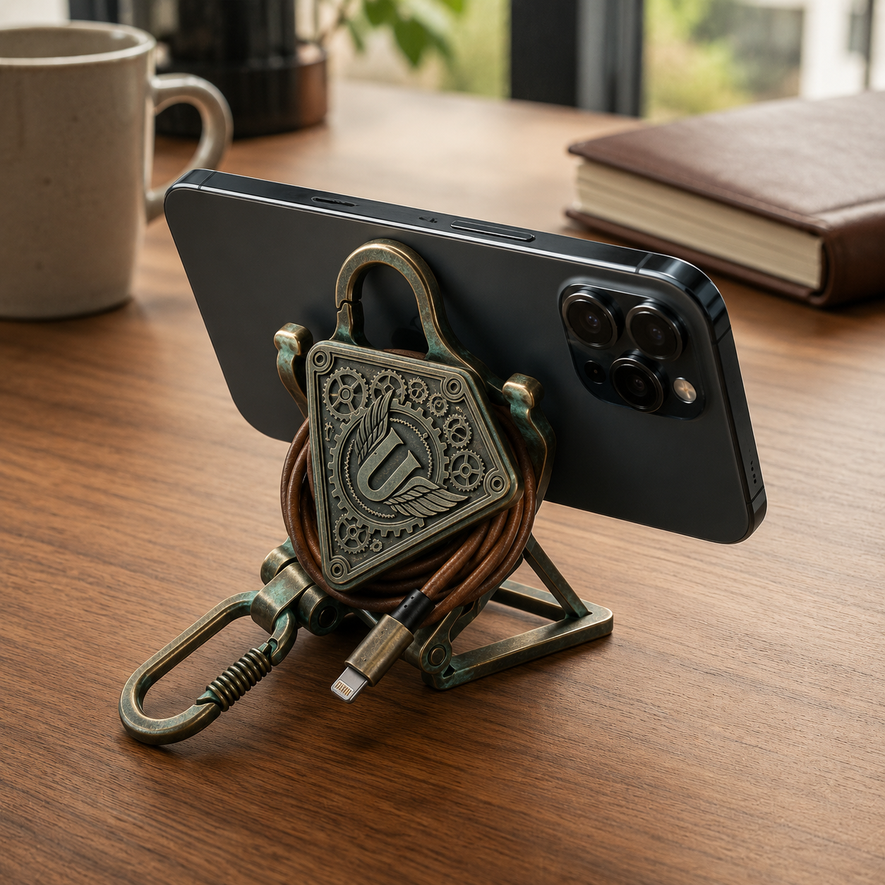 Vintage cord organizer supporting a smartphone in landscape on a desk