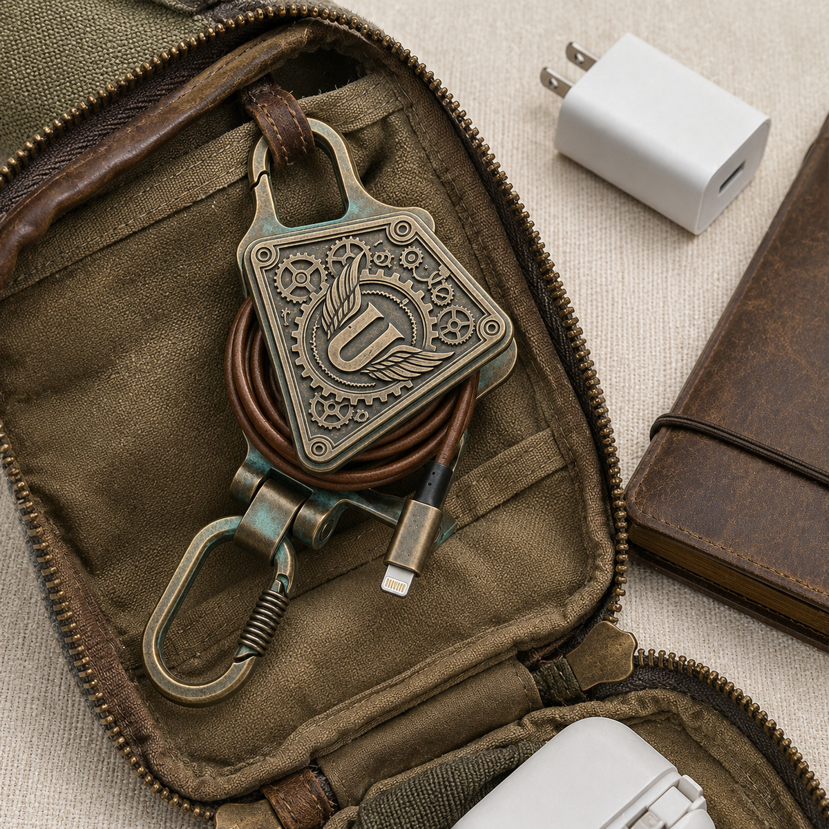 Vintage cord organizer clipped inside a canvas travel tech pouch