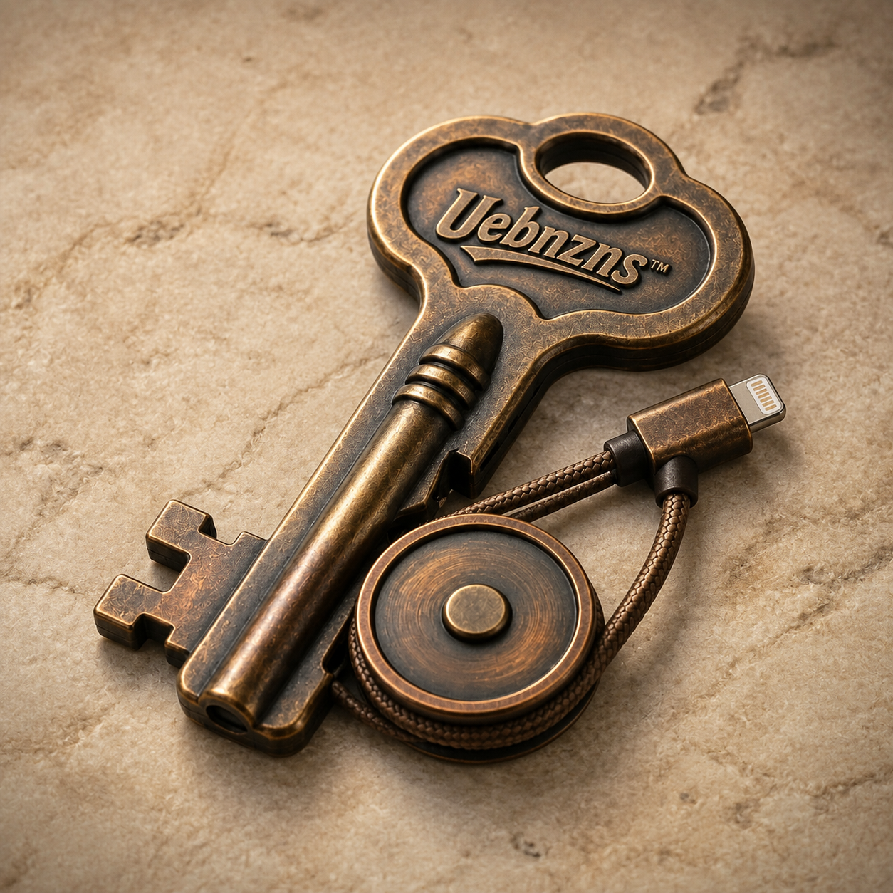 Close-up detail of the Uebnzns vintage phone keeper in aged bronze and copper