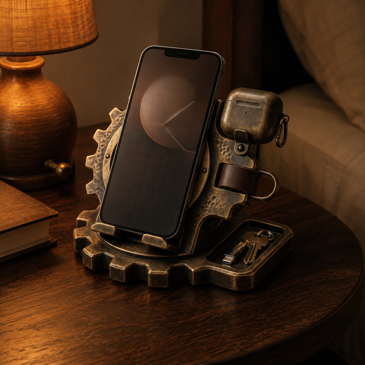 Vintage industrial phone holder and small-item organizer on a bedside table