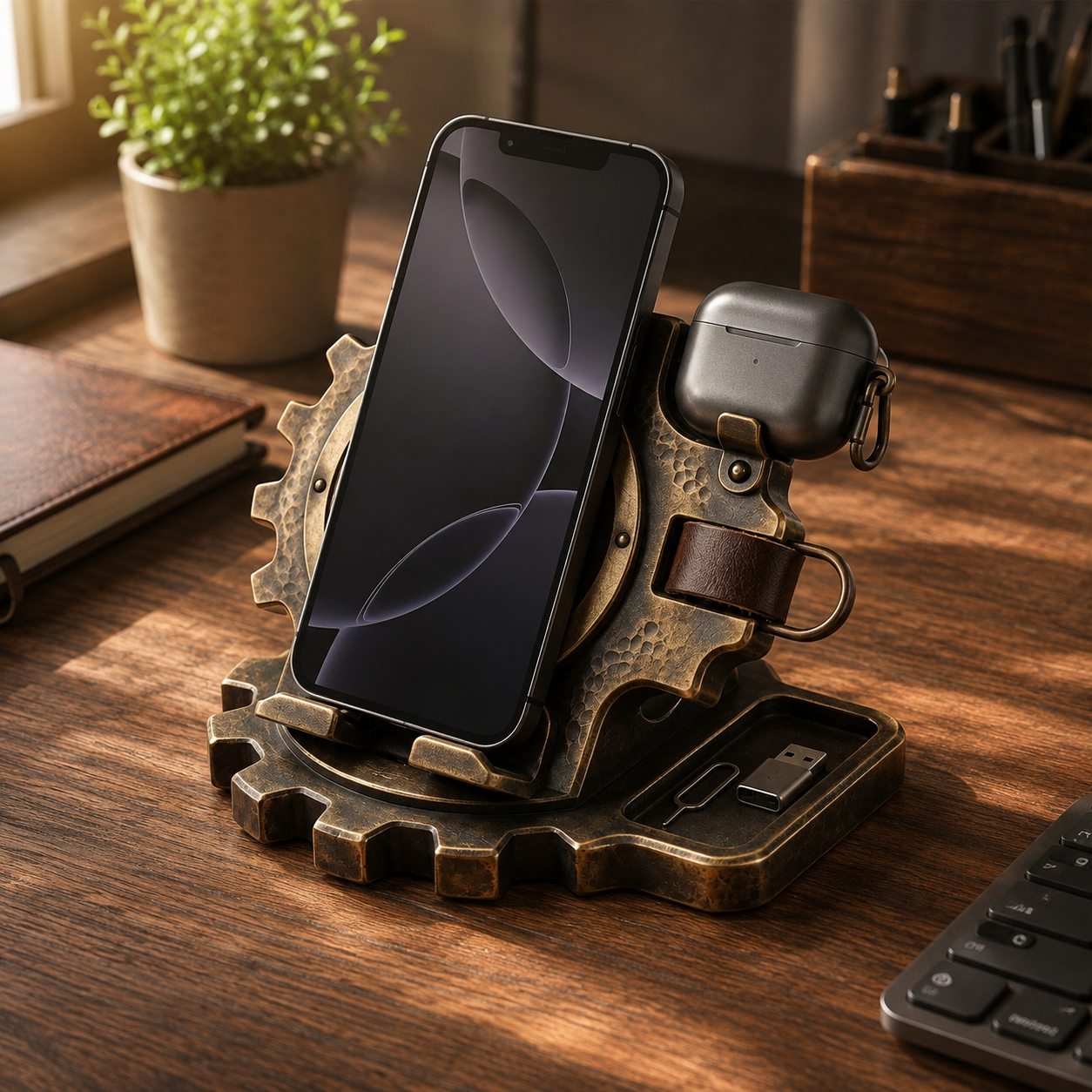 Industrial gear organizer holding a phone and earbud case on a home-office desk