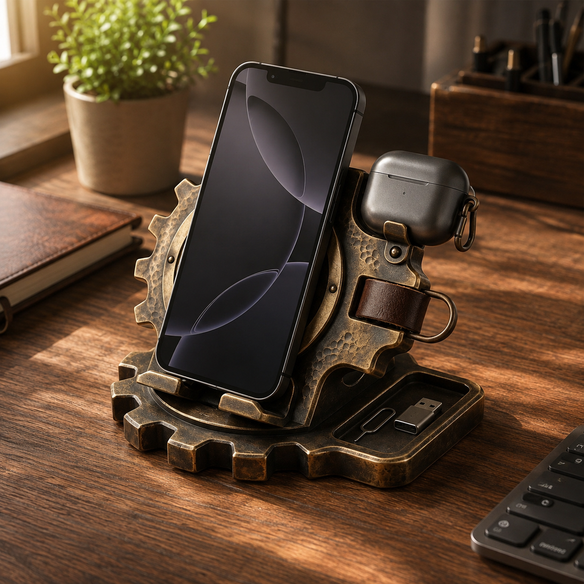 Industrial gear phone organizer holding a phone and earbud case on a home-office desk