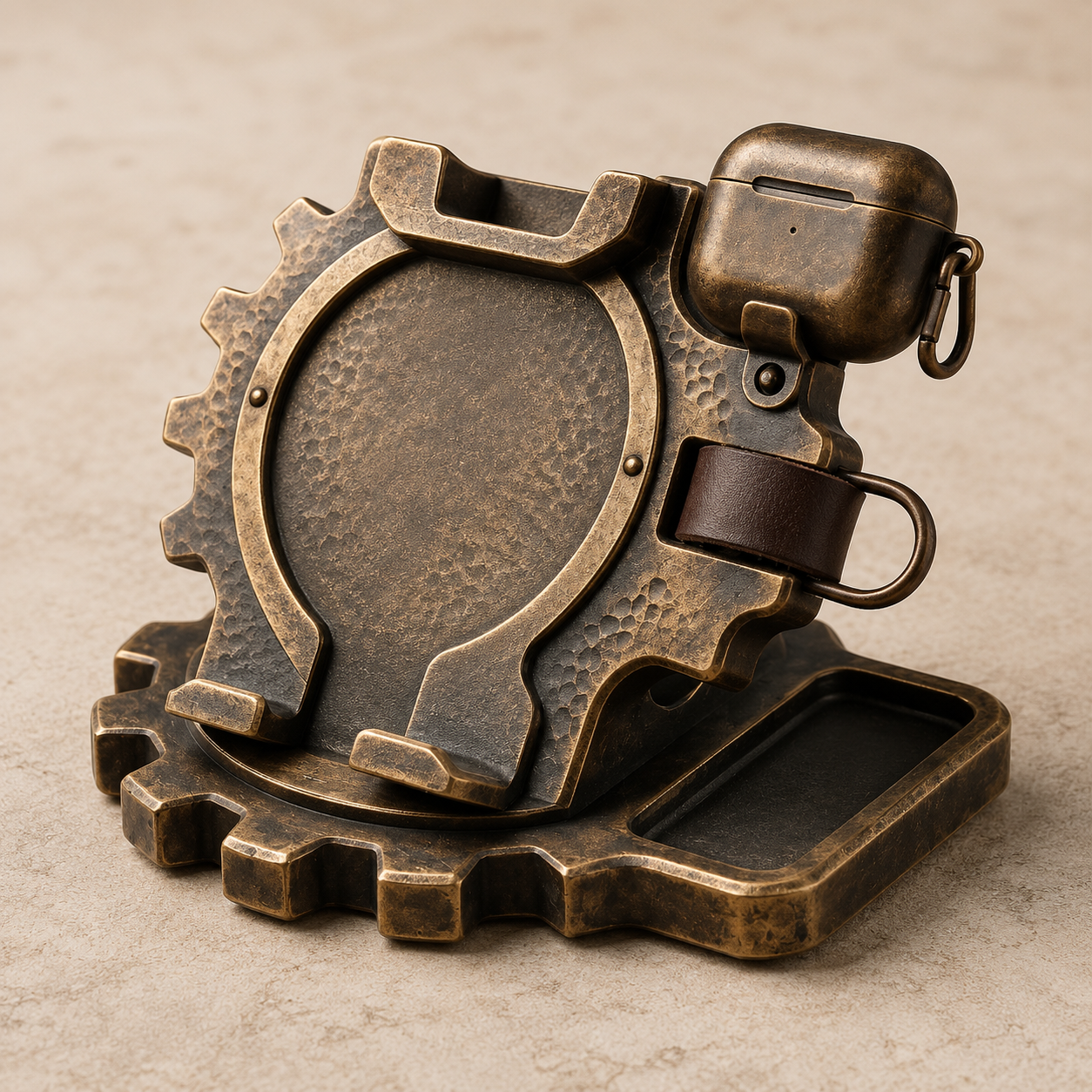 Close-up of the Uebnzns industrial gear phone holder and organizer compartments