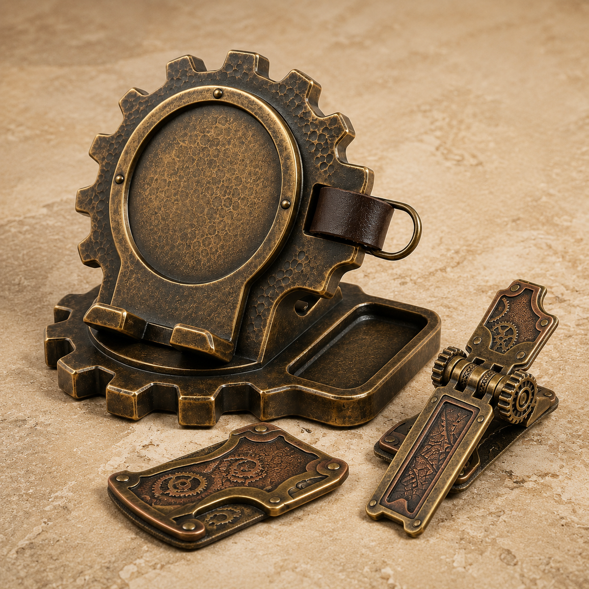 Close-up detail of aged brass-colored finish, adjustable hinges and engraved artisan modules