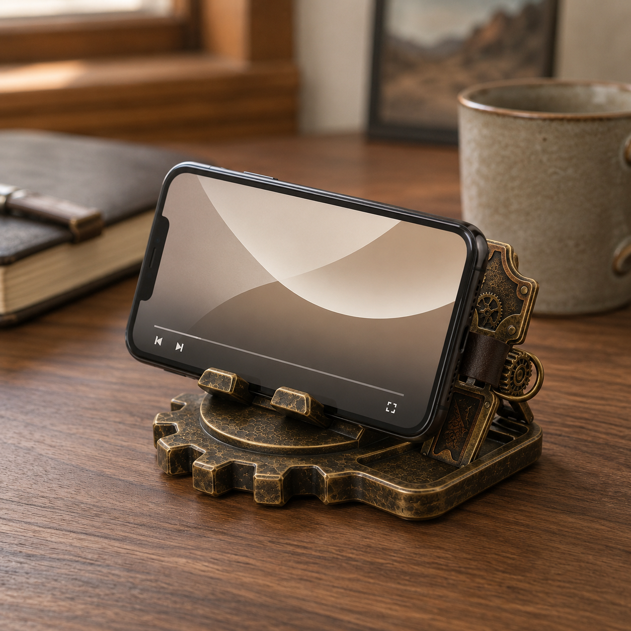 Modular artisan kickstand supporting a smartphone in landscape orientation on a desk
