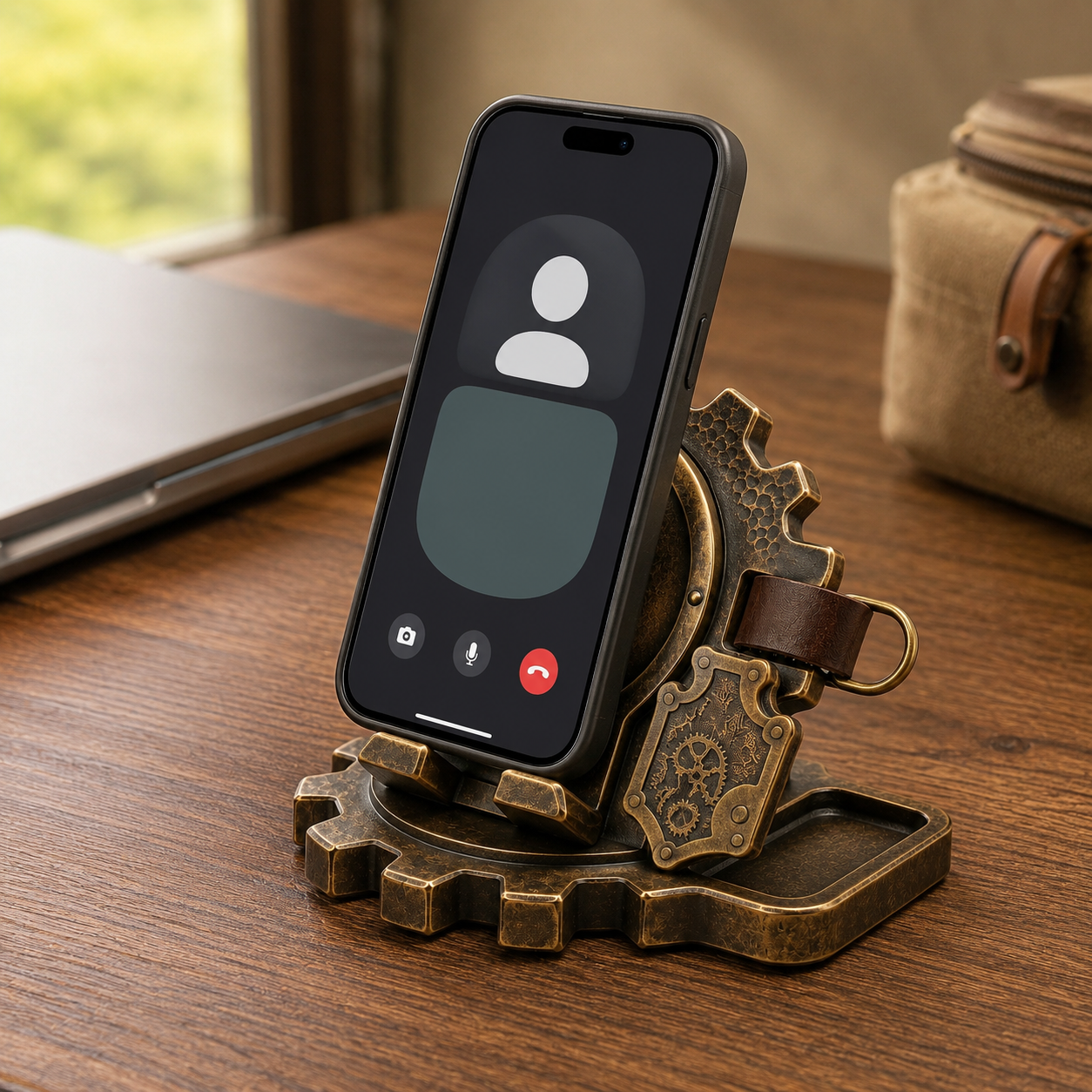 Modular artisan stand holding a smartphone upright for hands-free video calling