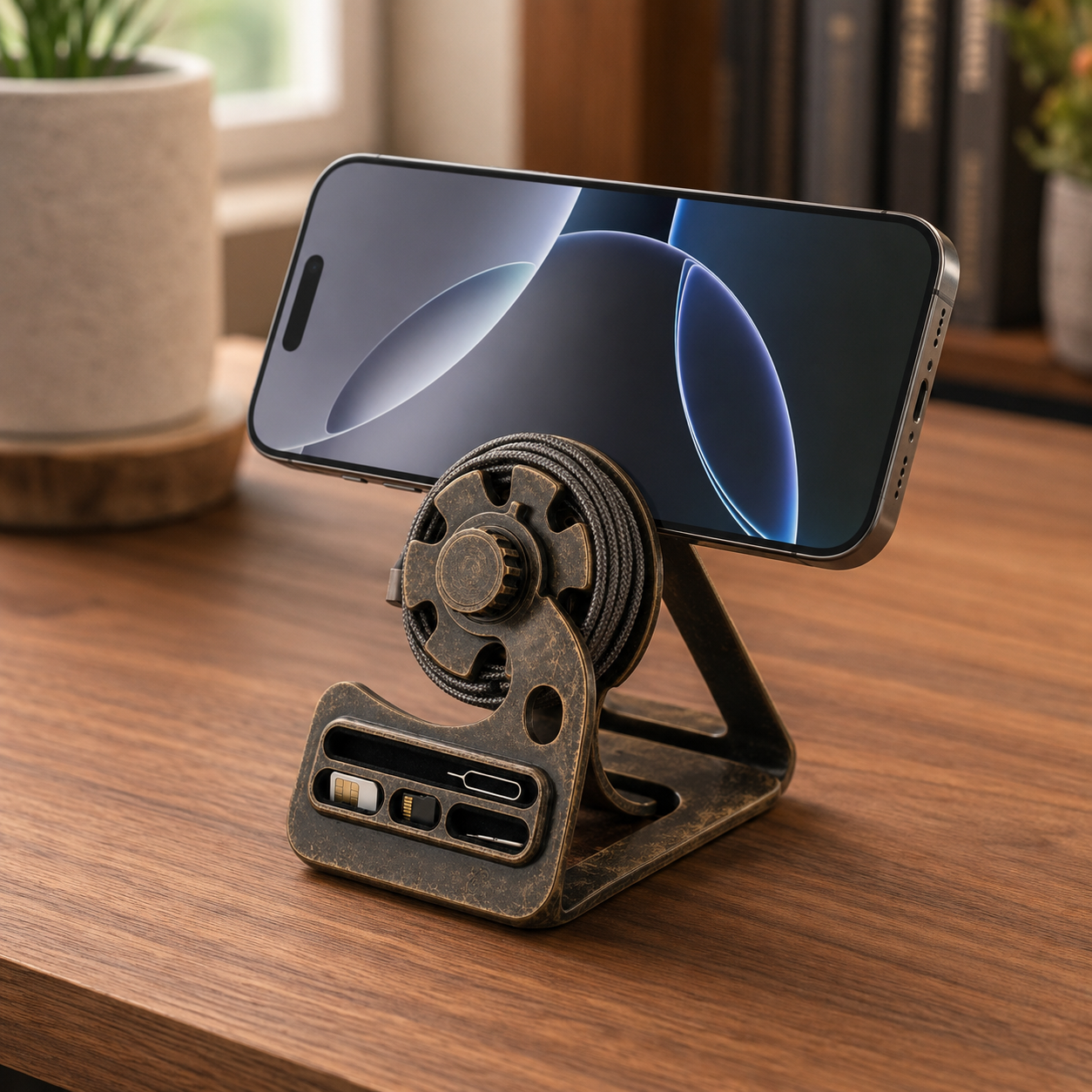 Vintage multi-function organizer holding one smartphone in landscape on a desk