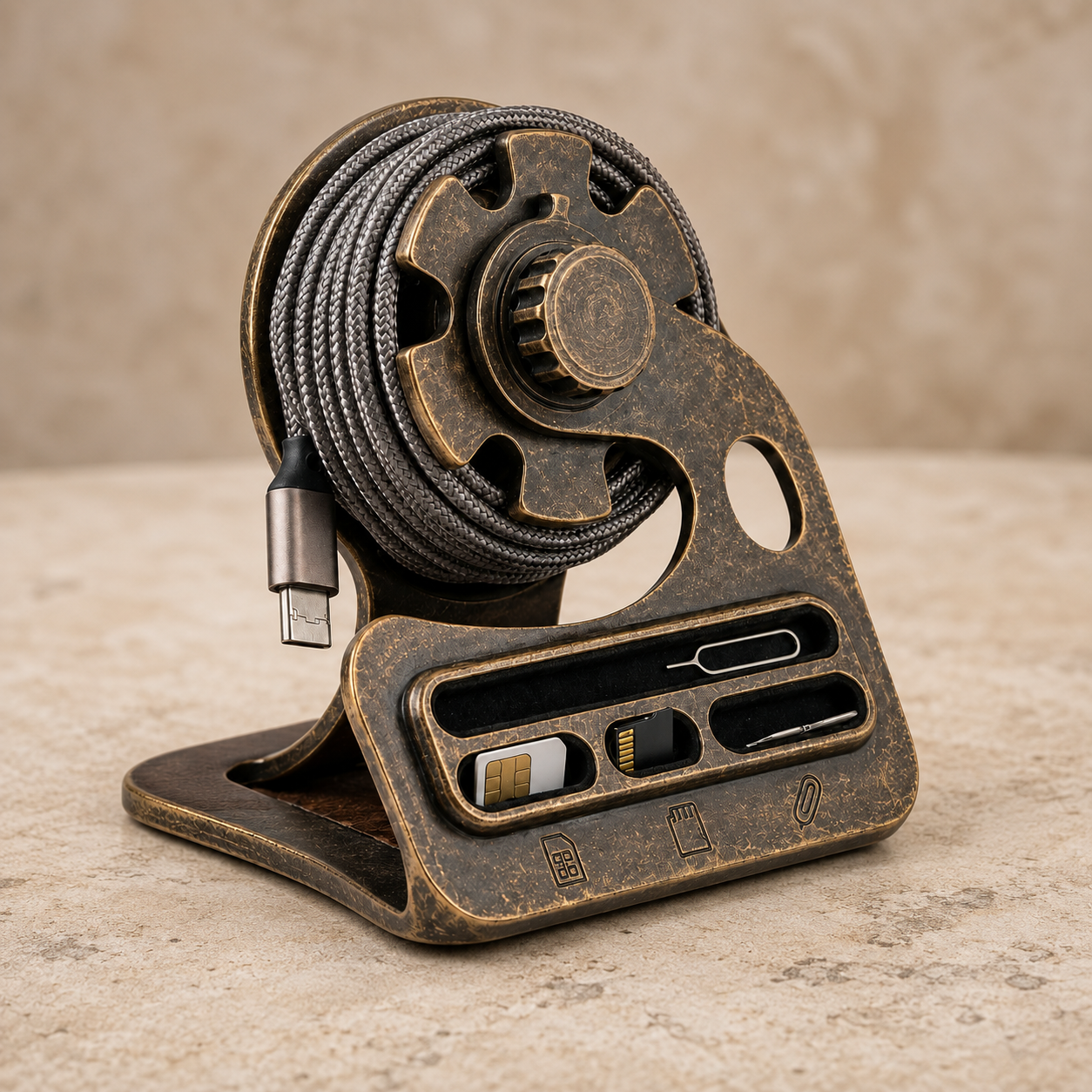 Close-up of distressed bronze-tone finish, winding hub and storage recesses