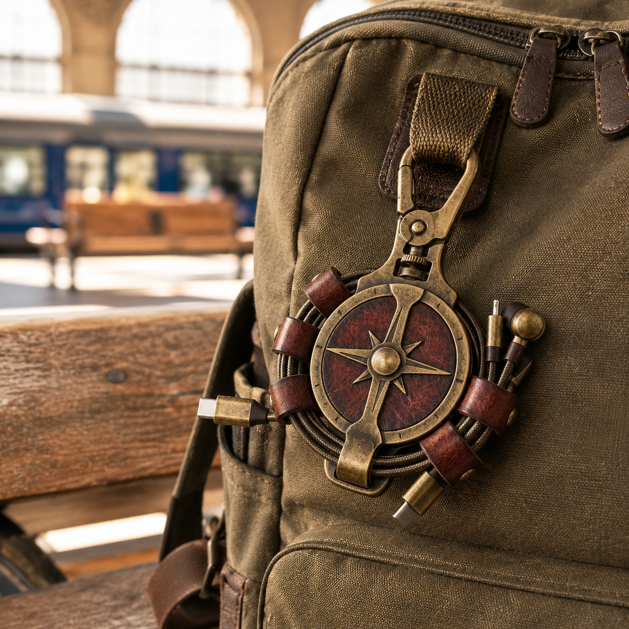 REV CADDY cable organizer clipped to an olive canvas commuter backpack