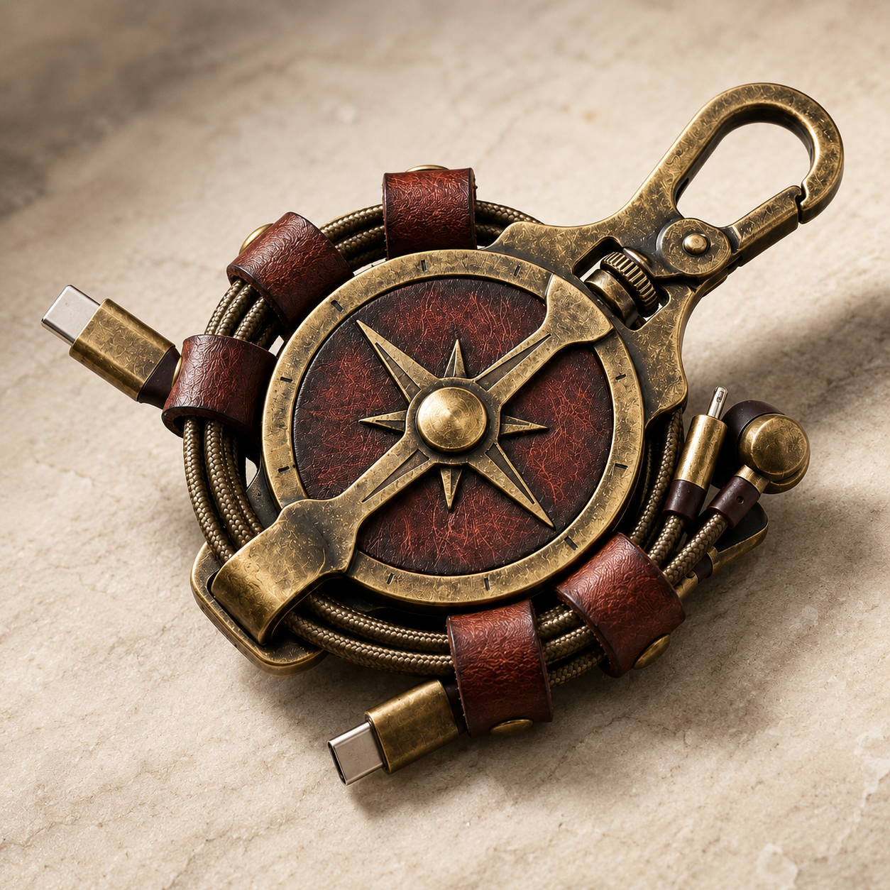 Close-up detail of REV CADDY compass face, keeper loops and accessory clip