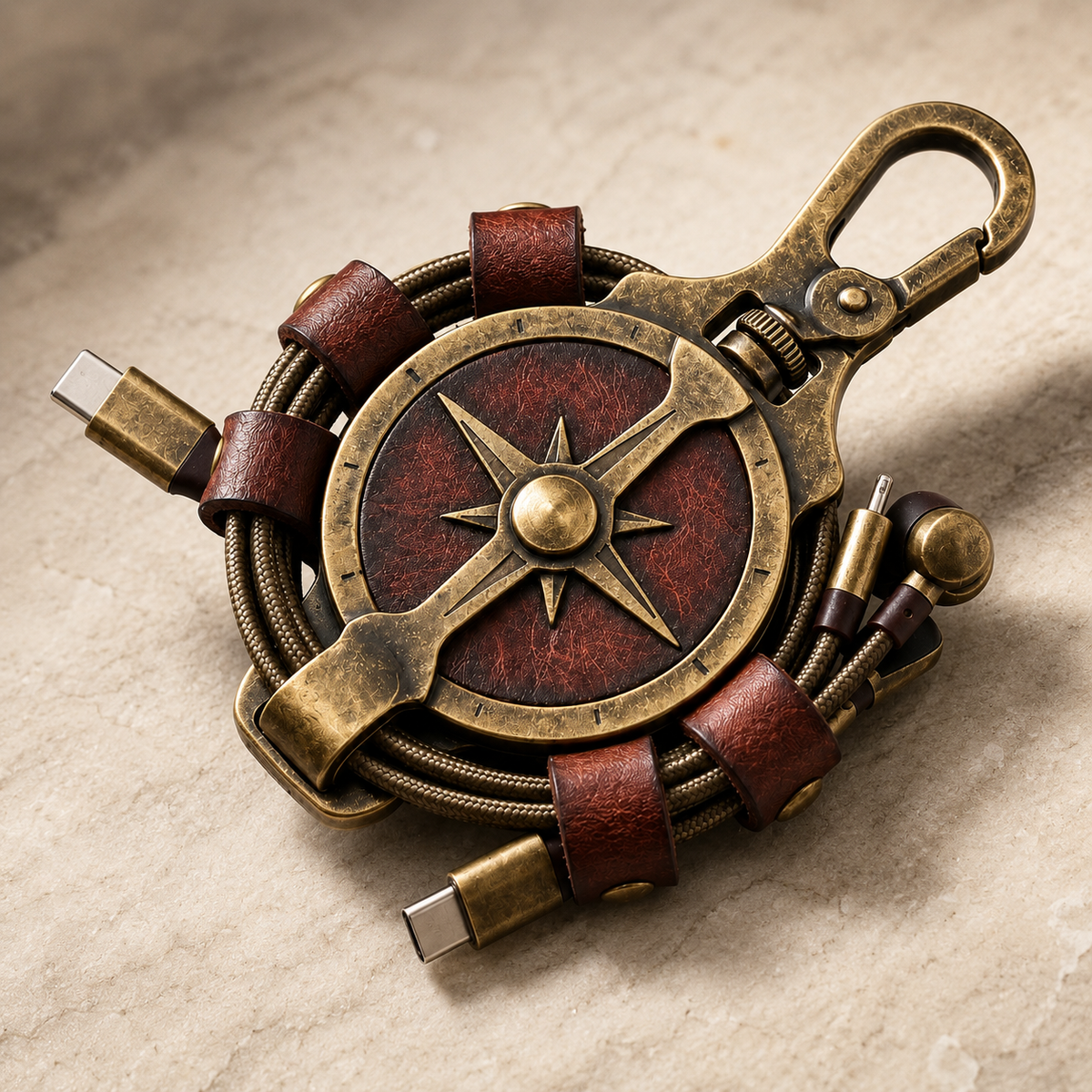 Close-up detail of aged-metal compass face, keeper loops and clip mechanism